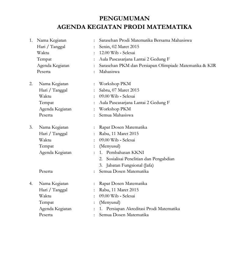 PENGUMUMAN AGENDA FKIP PRODI MATEMATIKA