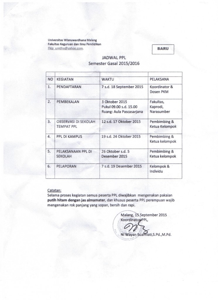 JADWAL PPL FKIP SEMESTER GASAL 2015/2016